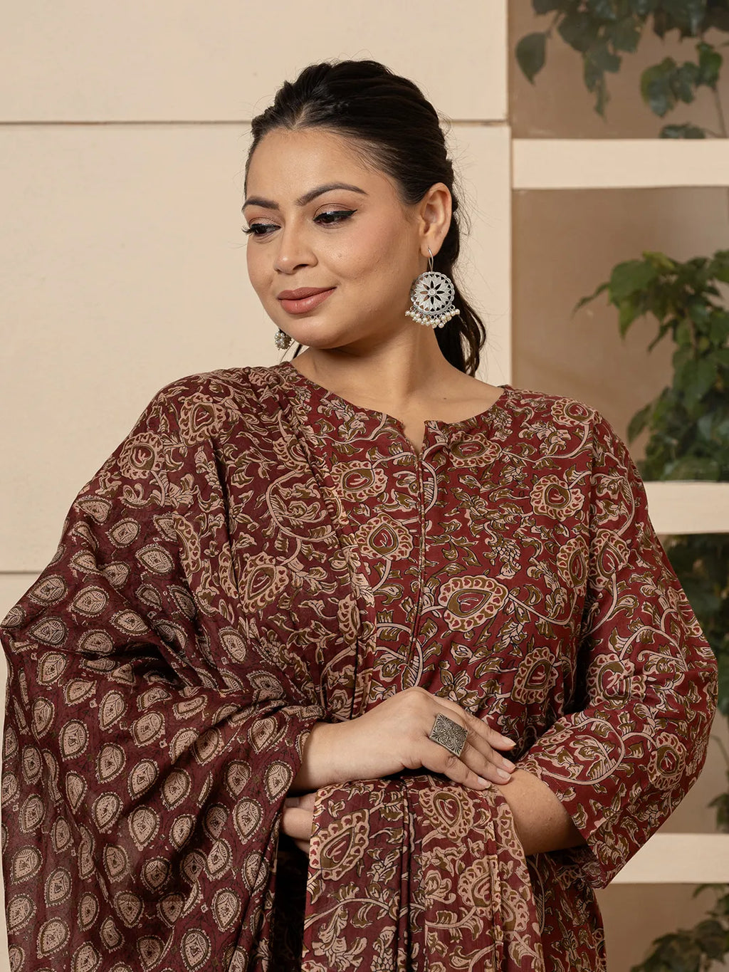Yufta Cotton Maroon Plus Size Kurta Dupatta Set | Grocsy
