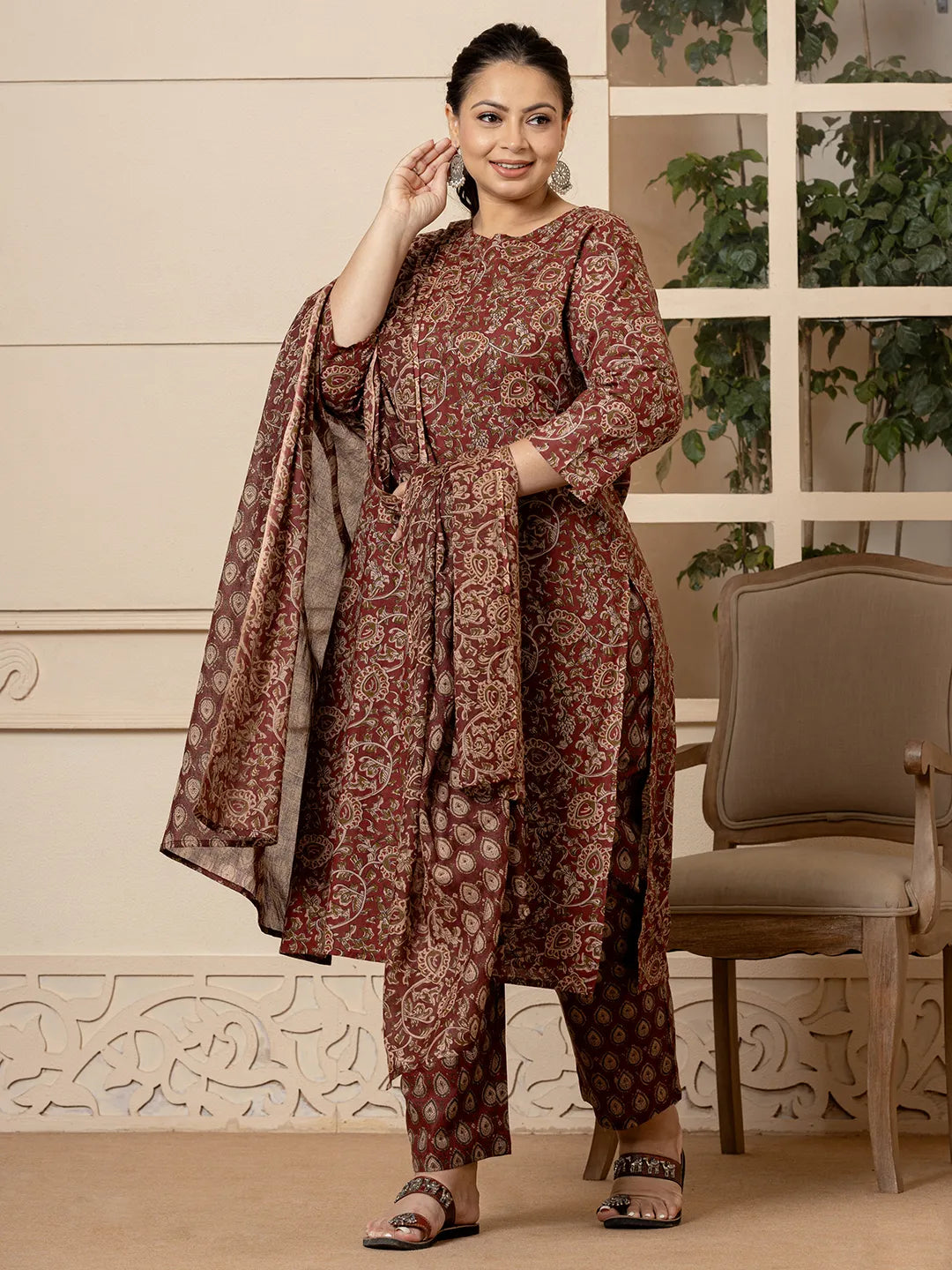 Yufta Cotton Maroon Plus Size Kurta Dupatta Set | Grocsy
