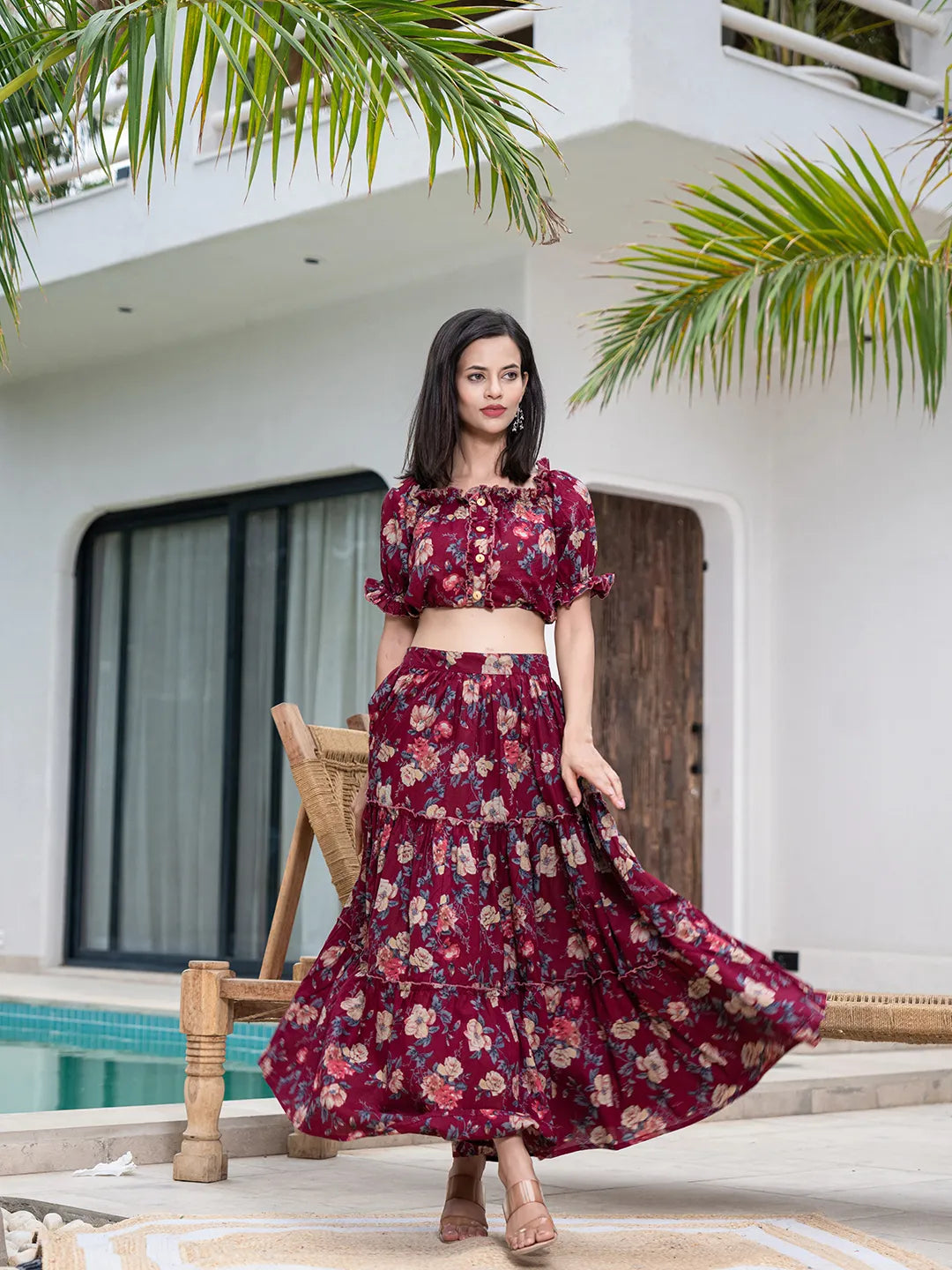 Yufta Cotton Maroon Skirt Co-Ord Set | Grocsy