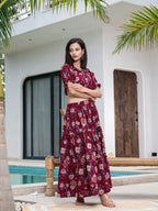 Yufta Cotton Maroon Skirt Co-Ord Set | Grocsy