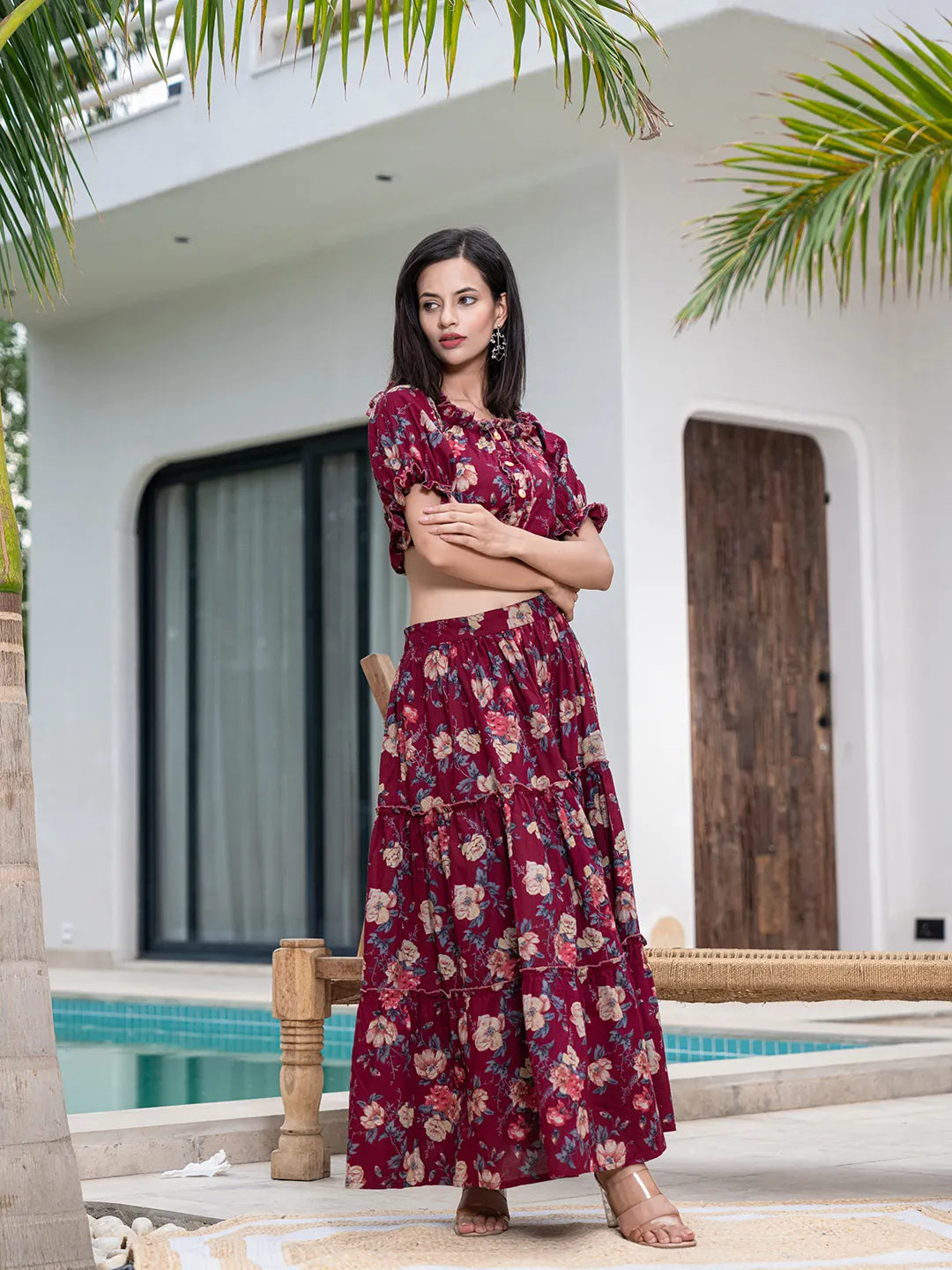 Yufta Cotton Maroon Skirt Co-Ord Set | Grocsy