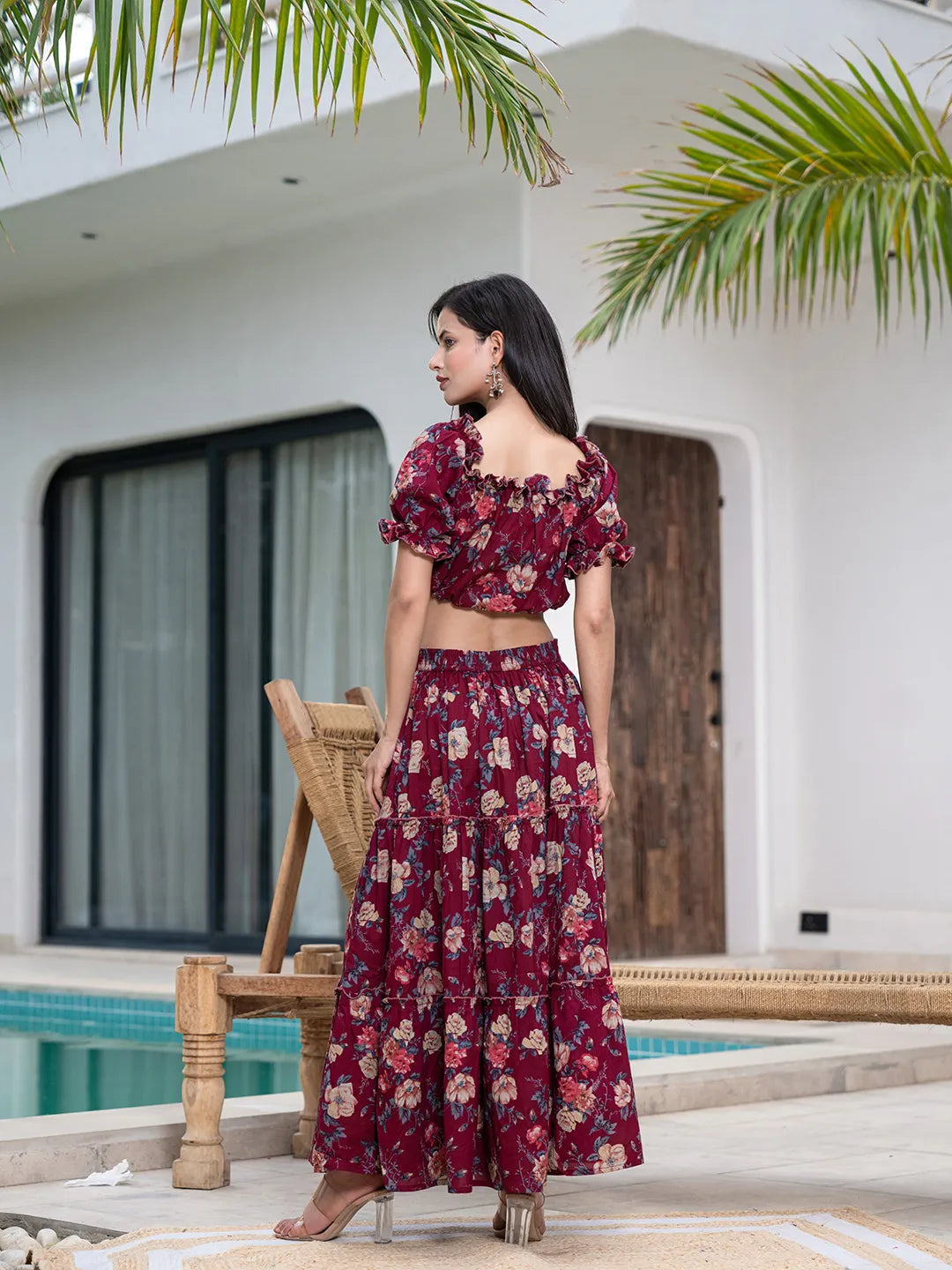 Yufta Cotton Maroon Skirt Co-Ord Set | Grocsy