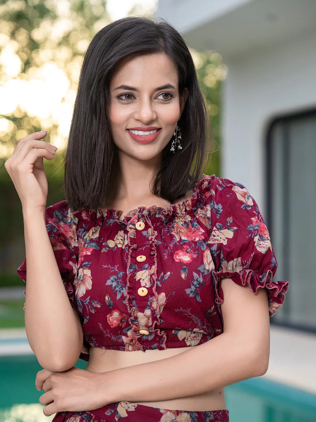 Yufta Cotton Maroon Skirt Co-Ord Set | Grocsy