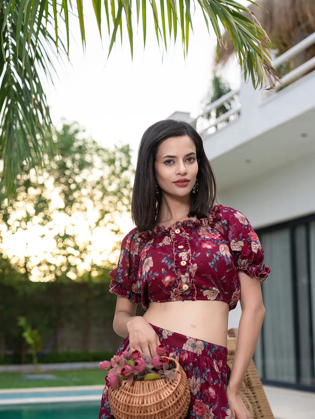Yufta Cotton Maroon Skirt Co-Ord Set | Grocsy