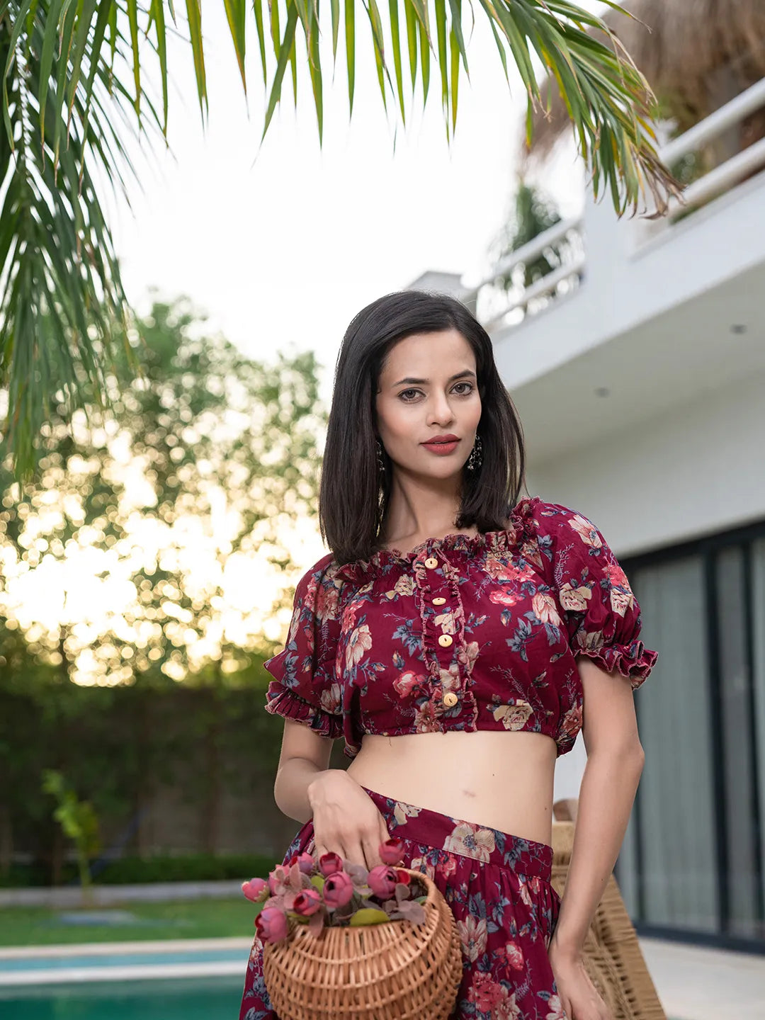 Yufta Cotton Maroon Skirt Co-Ord Set | Grocsy