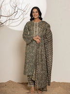 Yufta Military Green Cotton Pakistani Kurta Dupatta Set With Pant | Grocsy