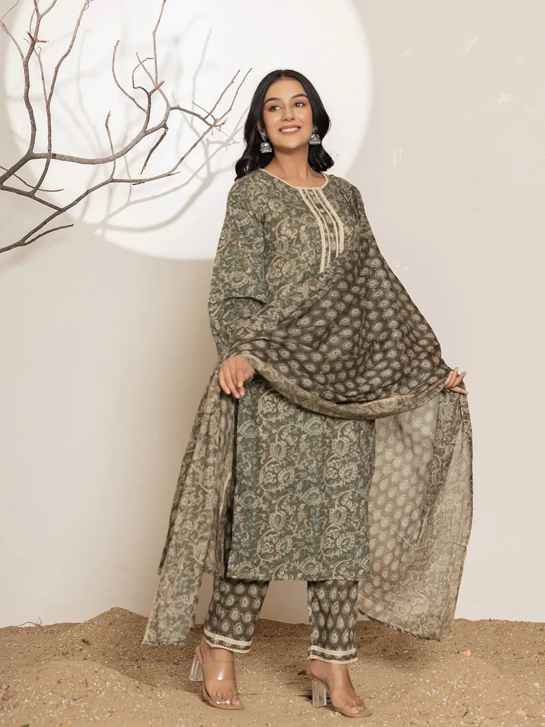 Yufta Military Green Cotton Pakistani Kurta Dupatta Set With Pant | Grocsy