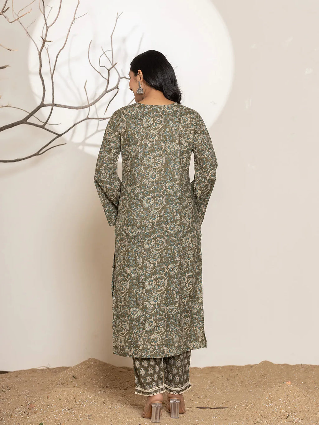 Yufta Military Green Cotton Pakistani Kurta Dupatta Set With Pant | Grocsy