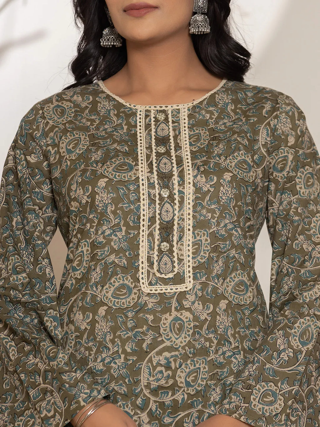 Yufta Military Green Cotton Pakistani Kurta Dupatta Set With Pant | Grocsy