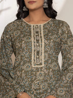 Yufta Military Green Cotton Pakistani Kurta Dupatta Set With Pant | Grocsy