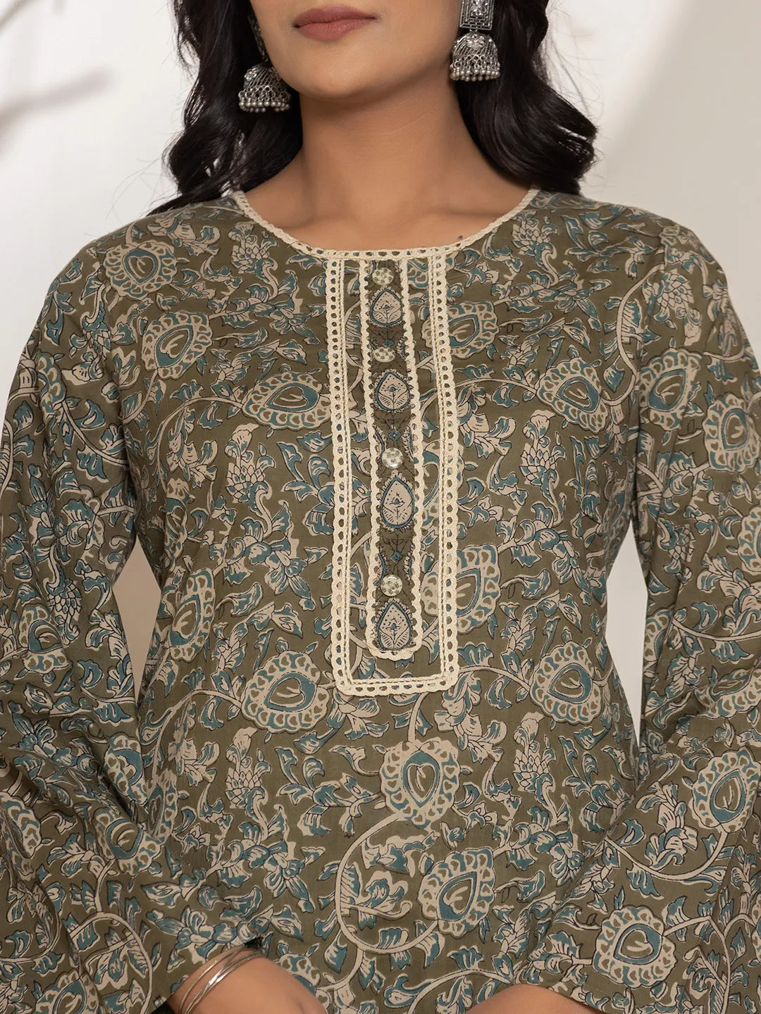 Yufta Military Green Cotton Pakistani Kurta Dupatta Set With Pant | Grocsy