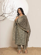 Yufta Military Green Cotton Pakistani Kurta Dupatta Set With Pant | Grocsy