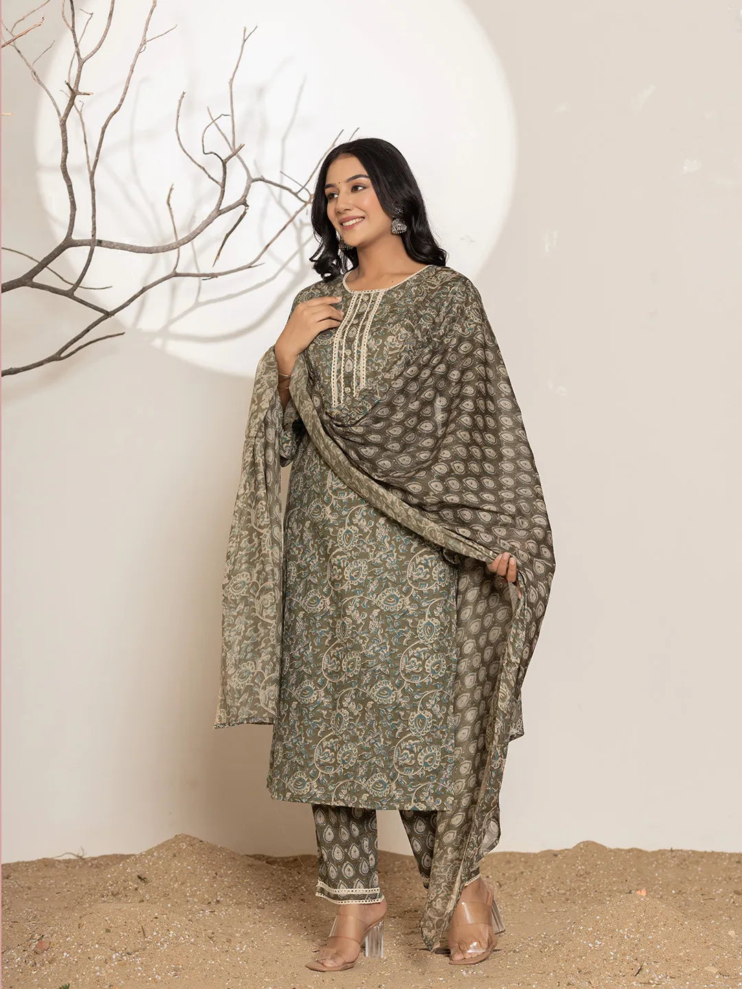 Yufta Military Green Cotton Pakistani Kurta Dupatta Set With Pant | Grocsy