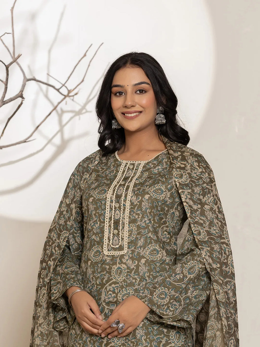 Yufta Military Green Cotton Pakistani Kurta Dupatta Set With Pant | Grocsy