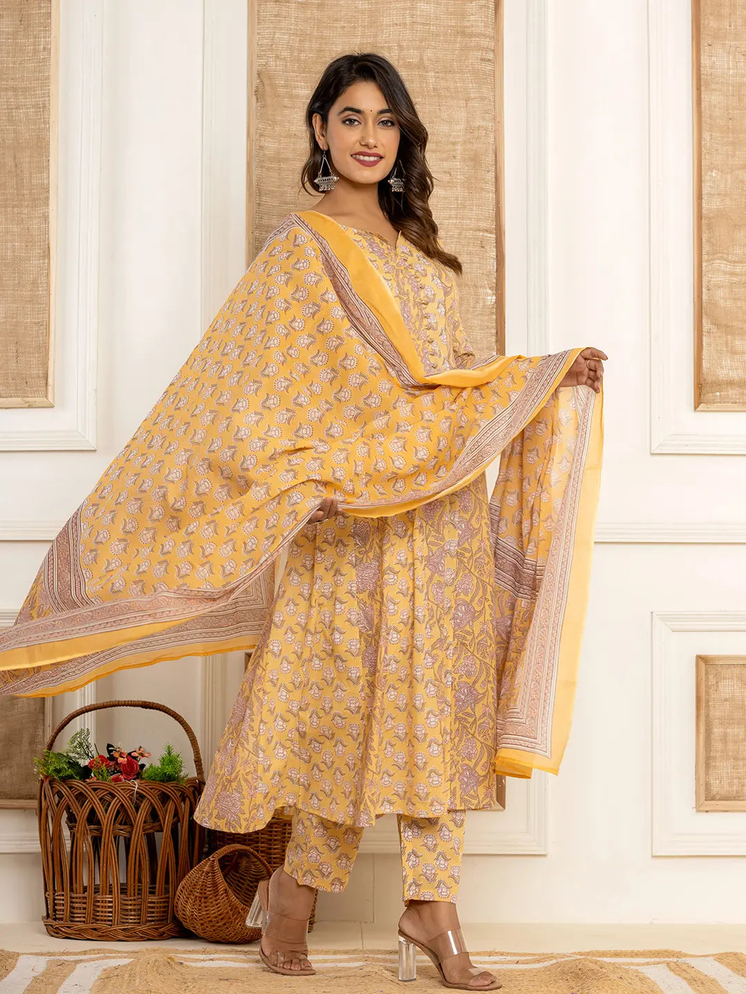 Yufta Cotton Mustard Anarkali Kurta Dupatta Set | Grocsy