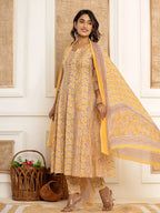 Yufta Cotton Mustard Anarkali Kurta Dupatta Set | Grocsy