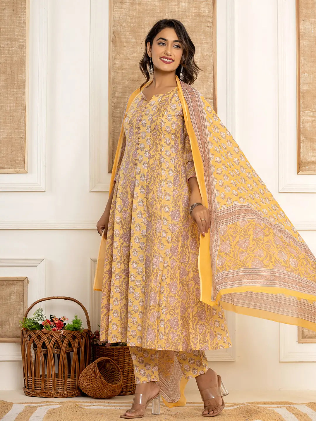 Yufta Cotton Mustard Anarkali Kurta Dupatta Set | Grocsy