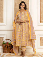 Yufta Cotton Mustard Anarkali Kurta Dupatta Set | Grocsy