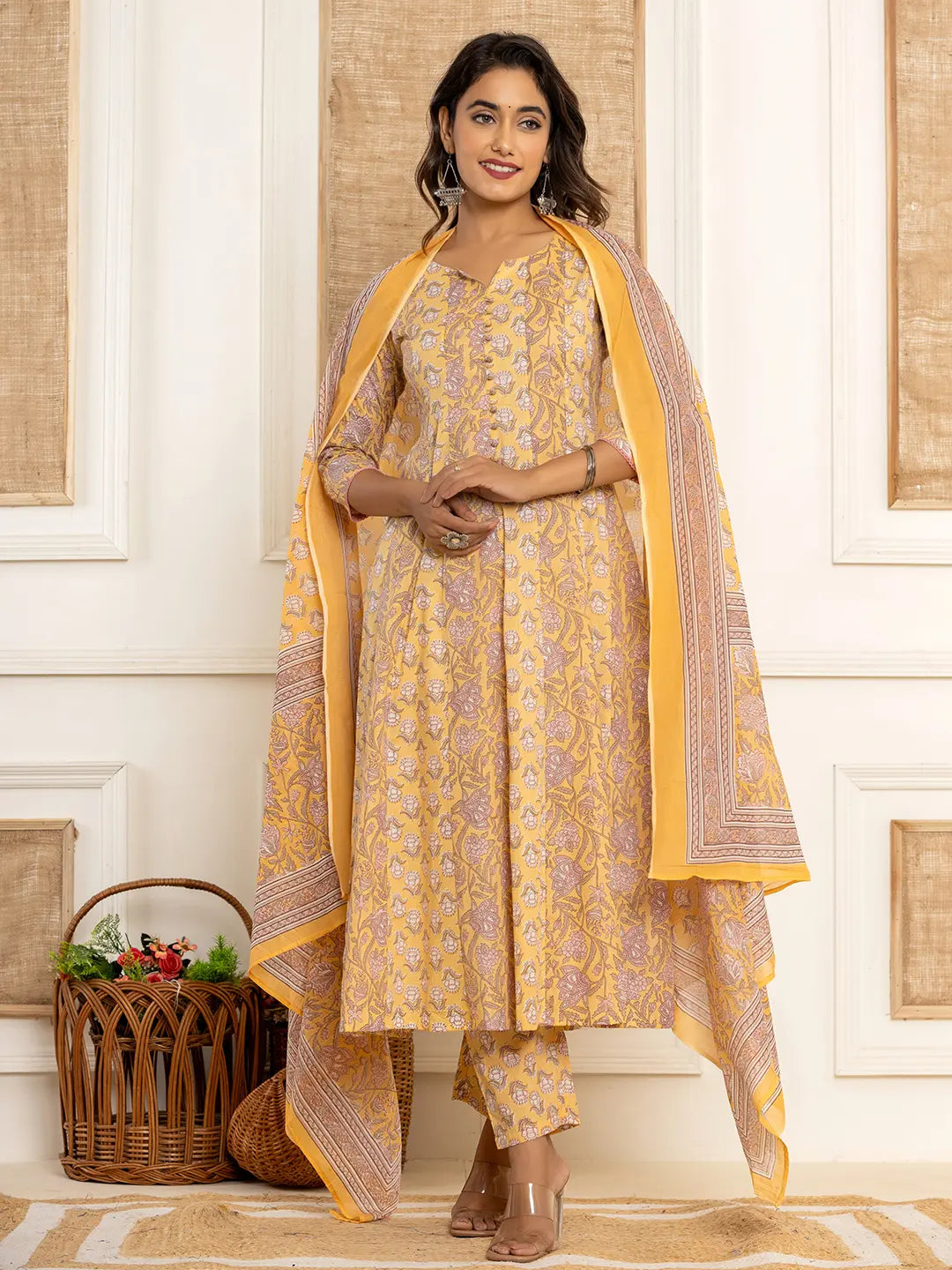 Yufta Cotton Mustard Anarkali Kurta Dupatta Set | Grocsy