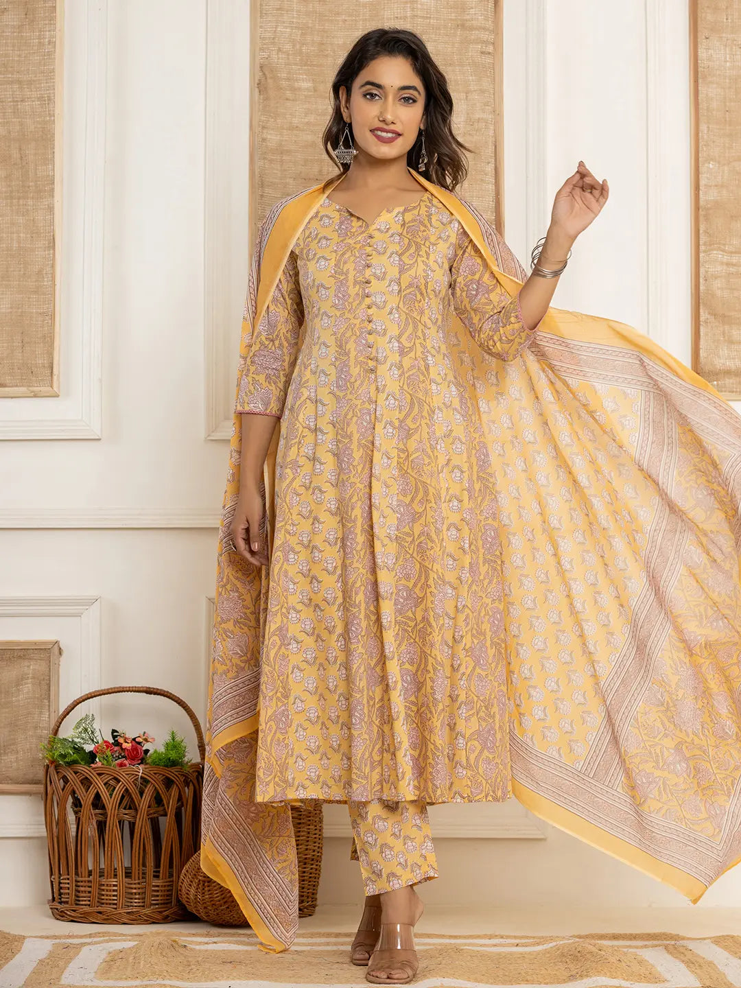 Yufta Cotton Mustard Anarkali Kurta Dupatta Set | Grocsy