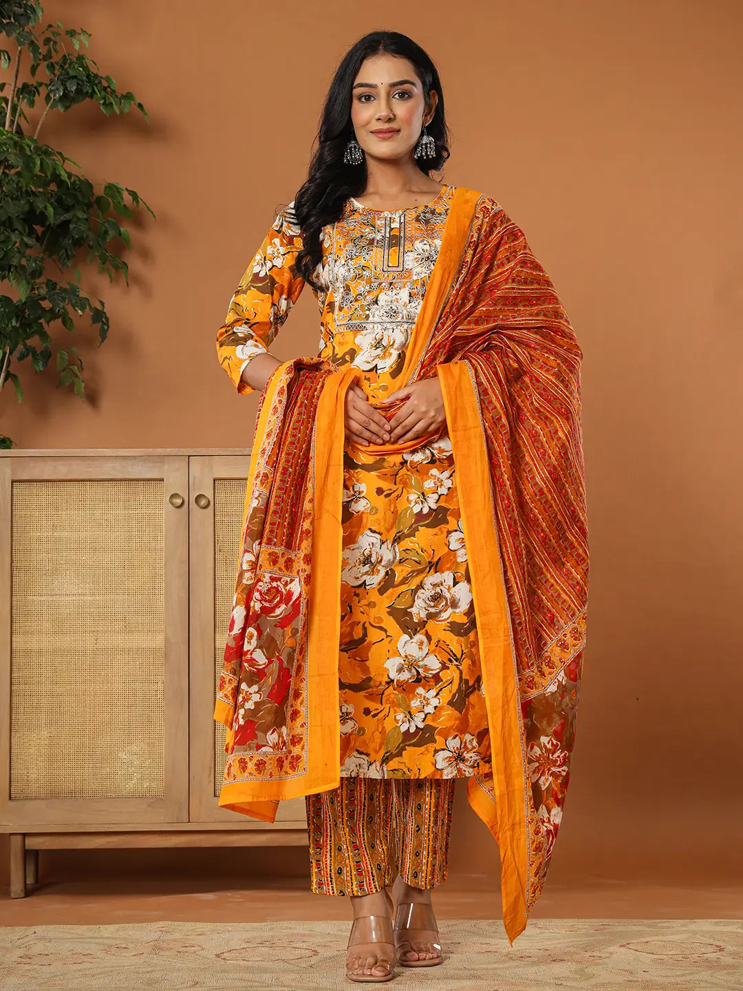 Yufta Cotton Mustard Embroidered Kurta Dupatta Set | Grocsy