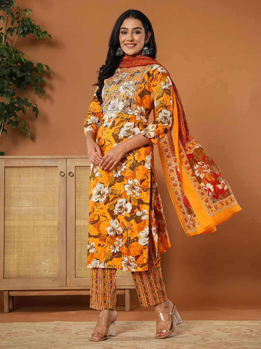 Yufta Cotton Mustard Embroidered Kurta Dupatta Set | Grocsy