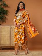 Yufta Cotton Mustard Embroidered Kurta Dupatta Set | Grocsy