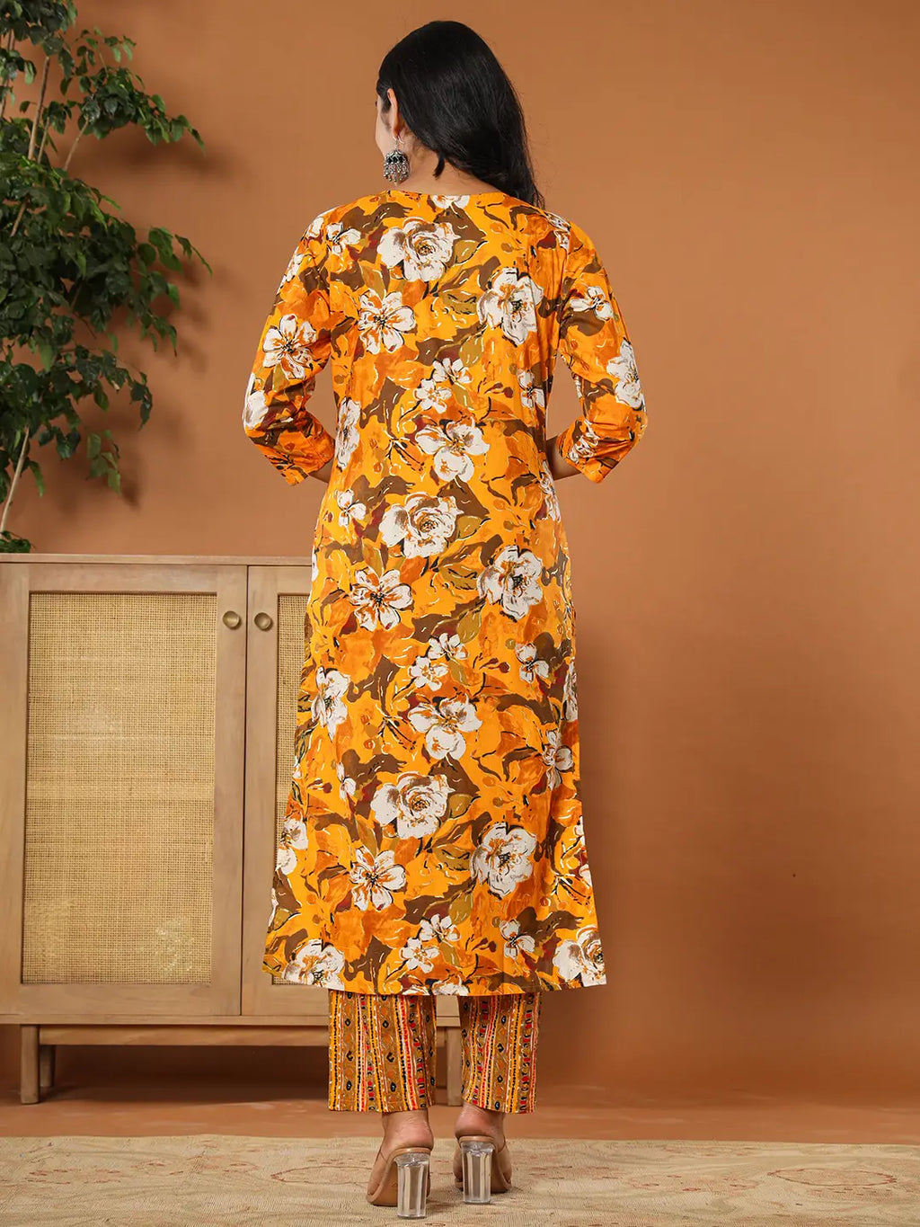 Yufta Cotton Mustard Embroidered Kurta Dupatta Set | Grocsy
