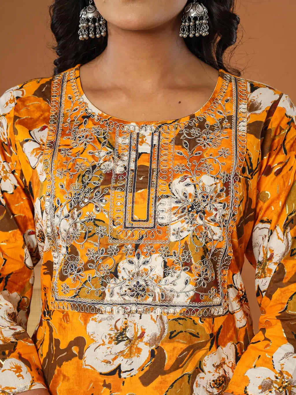 Yufta Cotton Mustard Embroidered Kurta Dupatta Set | Grocsy
