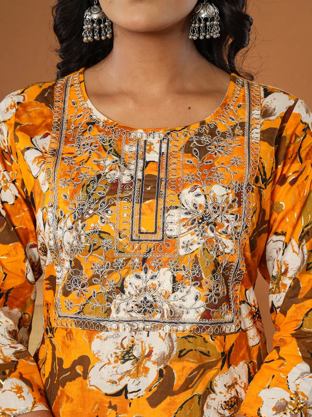 Yufta Cotton Mustard Embroidered Kurta Dupatta Set | Grocsy