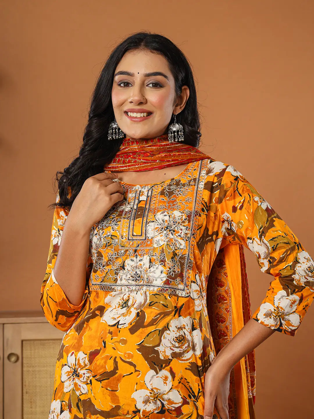 Yufta Cotton Mustard Embroidered Kurta Dupatta Set | Grocsy