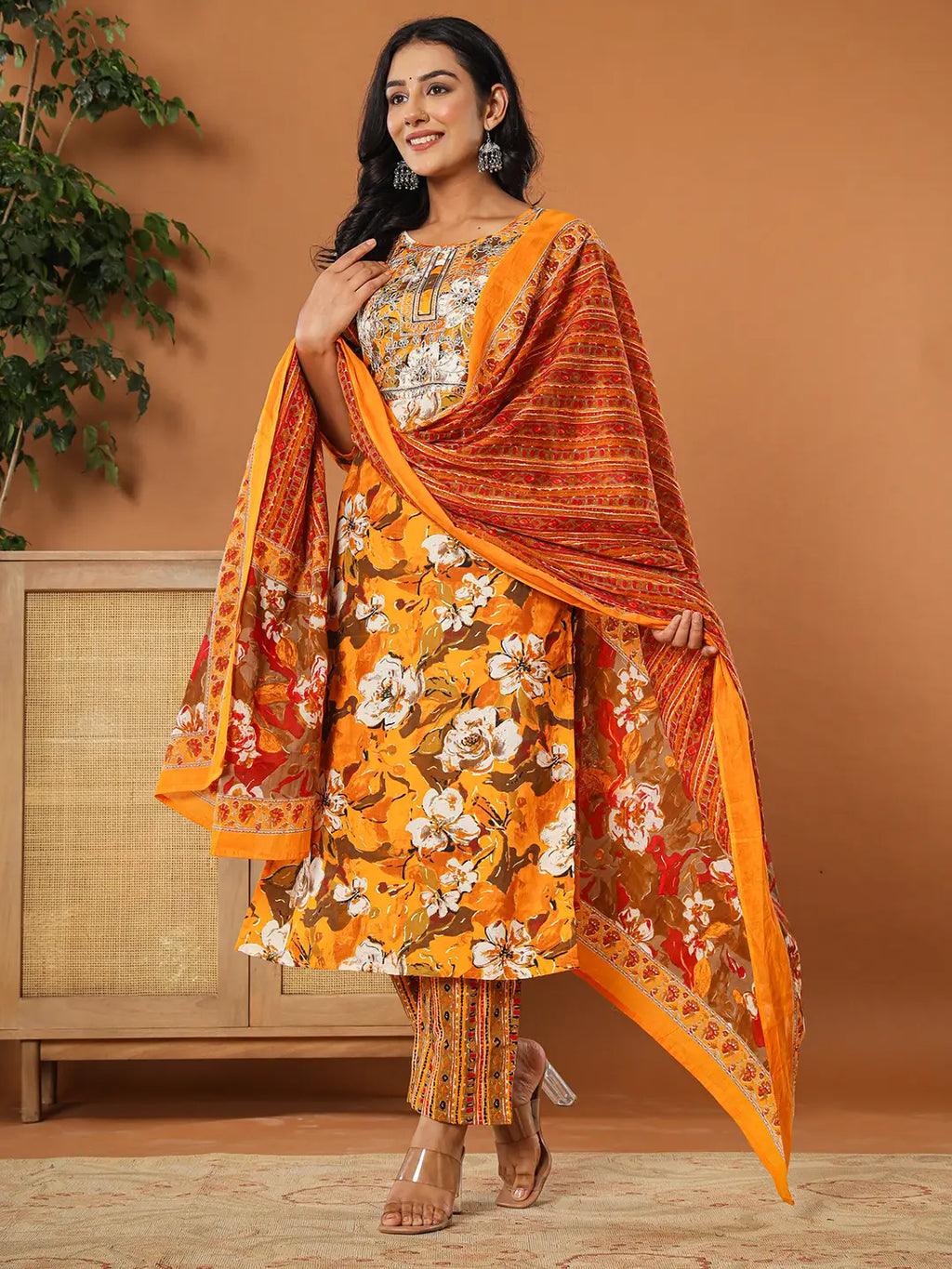 Yufta Cotton Mustard Embroidered Kurta Dupatta Set | Grocsy