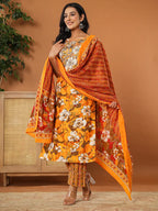 Yufta Cotton Mustard Embroidered Kurta Dupatta Set | Grocsy