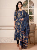 Yufta Cotton Navy Blue Anarkali Dupatta Set | Grocsy