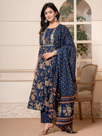Yufta Cotton Navy Blue Anarkali Dupatta Set | Grocsy