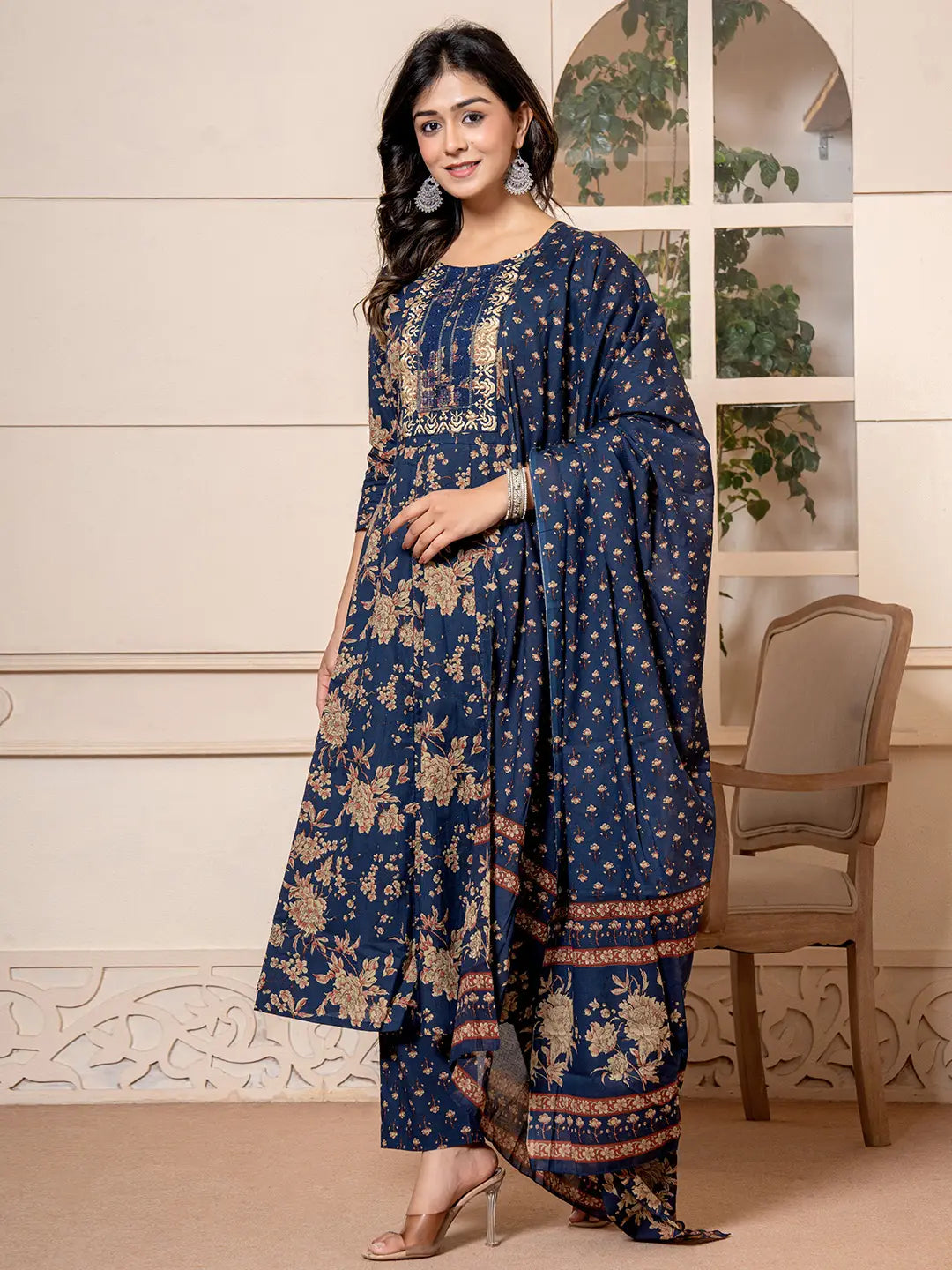 Yufta Cotton Navy Blue Anarkali Dupatta Set | Grocsy