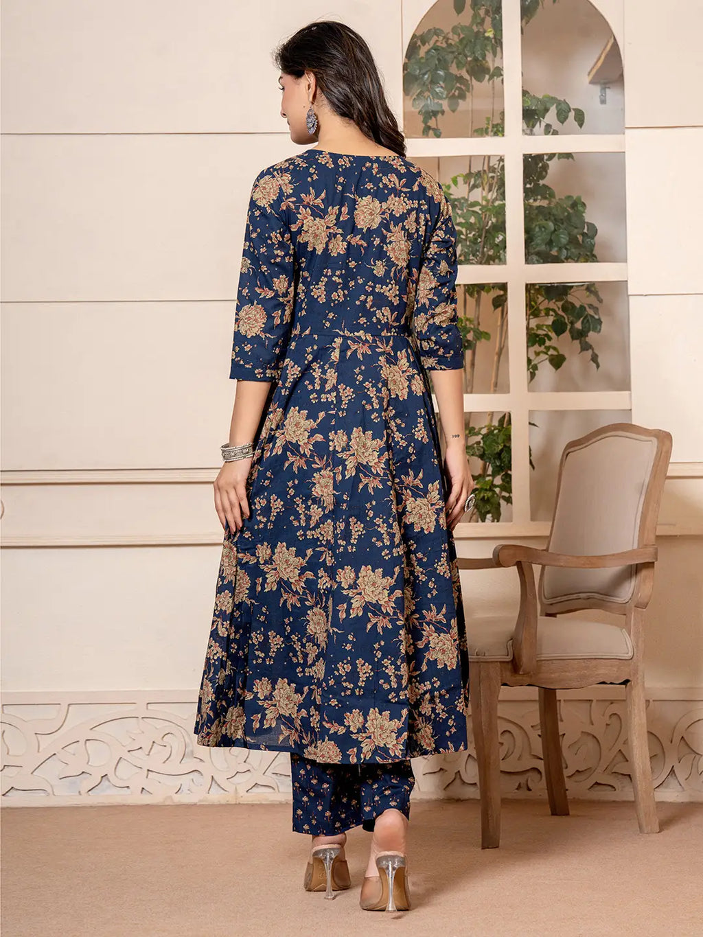 Yufta Cotton Navy Blue Anarkali Dupatta Set | Grocsy