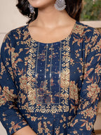 Yufta Cotton Navy Blue Anarkali Dupatta Set | Grocsy