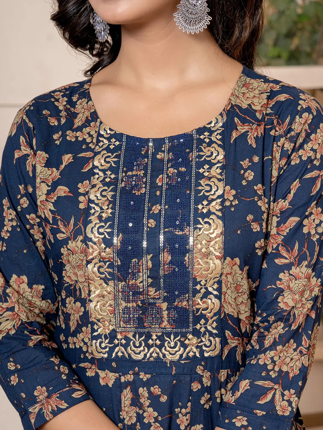 Yufta Cotton Navy Blue Anarkali Dupatta Set | Grocsy