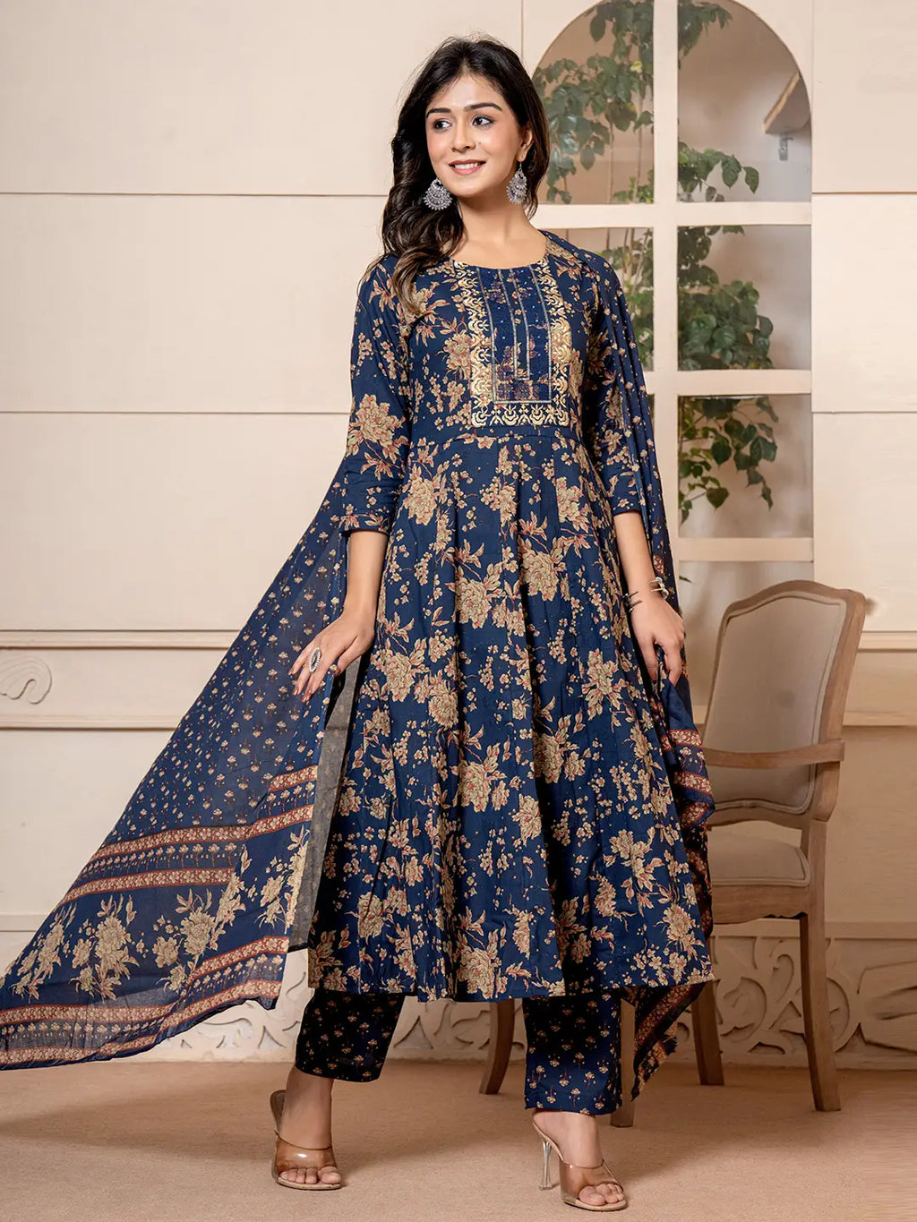 Yufta Cotton Navy Blue Anarkali Dupatta Set | Grocsy