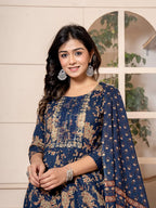 Yufta Cotton Navy Blue Anarkali Dupatta Set | Grocsy