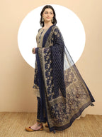 Yufta Cotton Navy Blue Kurta Dupatta Set With Lace Detailing | Grocsy