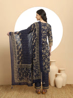 Yufta Cotton Navy Blue Kurta Dupatta Set With Lace Detailing | Grocsy