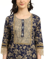 Yufta Cotton Navy Blue Kurta Dupatta Set With Lace Detailing | Grocsy