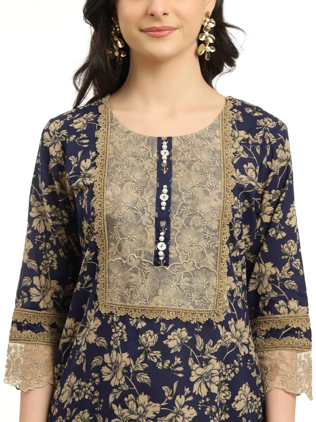 Yufta Cotton Navy Blue Kurta Dupatta Set With Lace Detailing | Grocsy