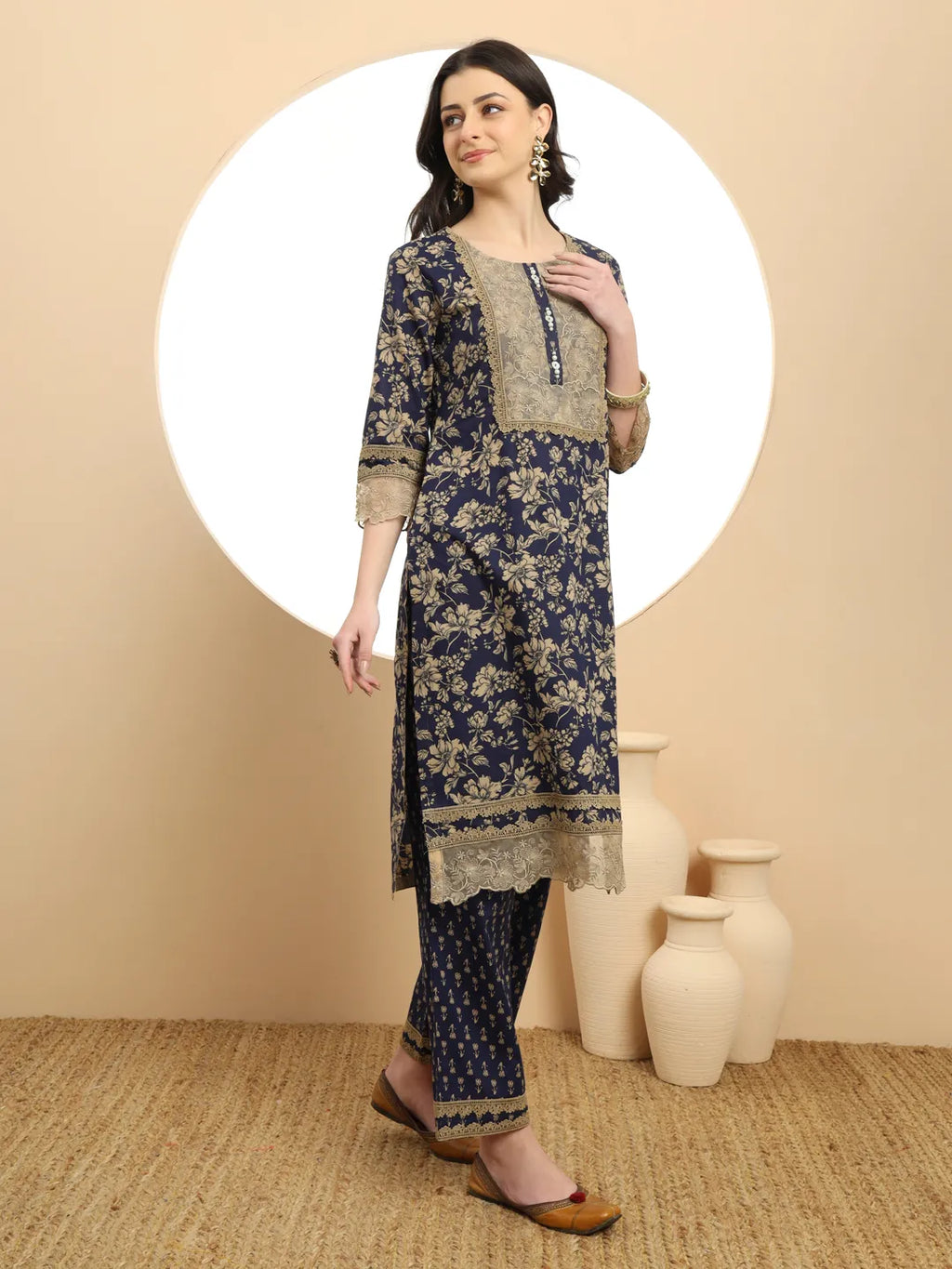 Yufta Cotton Navy Blue Kurta Dupatta Set With Lace Detailing | Grocsy