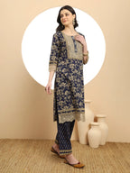 Yufta Cotton Navy Blue Kurta Dupatta Set With Lace Detailing | Grocsy