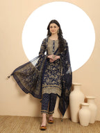 Yufta Cotton Navy Blue Kurta Dupatta Set With Lace Detailing | Grocsy