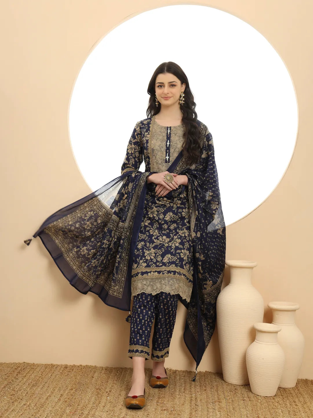 Yufta Cotton Navy Blue Kurta Dupatta Set With Lace Detailing | Grocsy