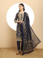 Yufta Cotton Navy Blue Kurta Dupatta Set With Lace Detailing | Grocsy